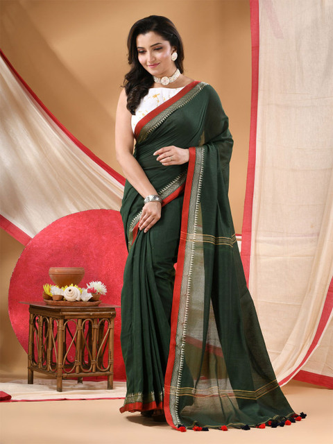 DESH BIDESH Solid Pure Cotton Saree with Embroidered Border