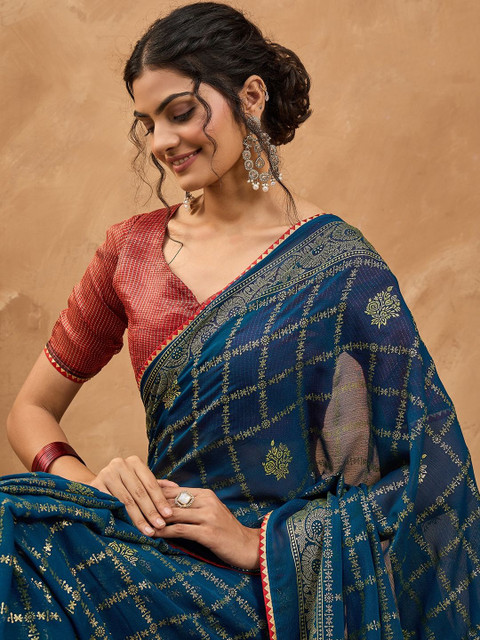 Saree mall Ethnic Motif Woven Design Zari Pure Chiffon Bandhani Sarees