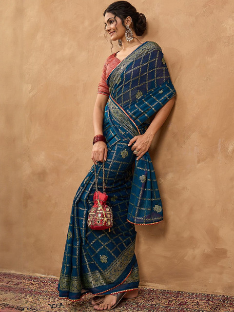 Saree mall Ethnic Motif Woven Design Zari Pure Chiffon Bandhani Sarees - Image 6