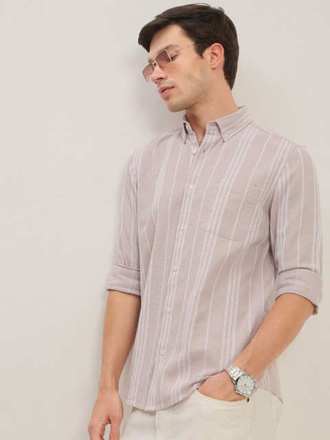 British Club Men Smart Fit Vertical Striped Button-Down Collar Cotton Casual Shirt