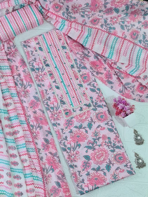 M S MODERN SUPER Floral Printed Thread Work Pure Cotton Unstitched Dress Material