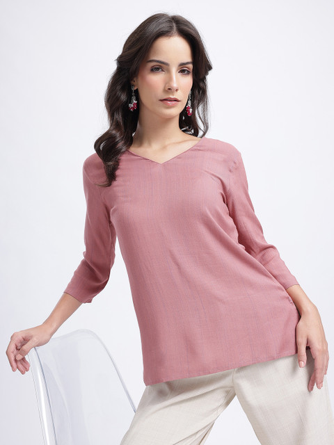 Anouk Rustic Self Striped Woven Design V-Neck Straight Kurti