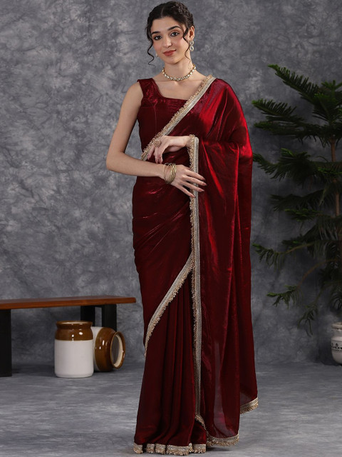 JAINICA Solid Embellished Sequinned Zari Tissue Saree