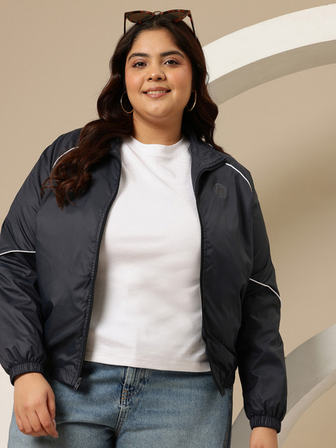 Sztori Plus Size Contrast Piping Bomber Jacket