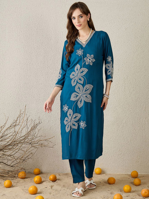 Indo Era Floral Embroidered V-Neck Top With Trousers Co-Ords