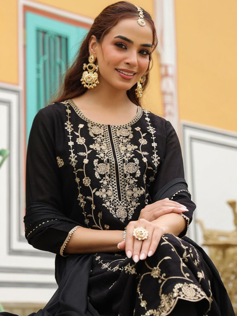 Janasya Women Floral Embroidered Sequinned Kurta with Trousers & Dupatta - Image 2