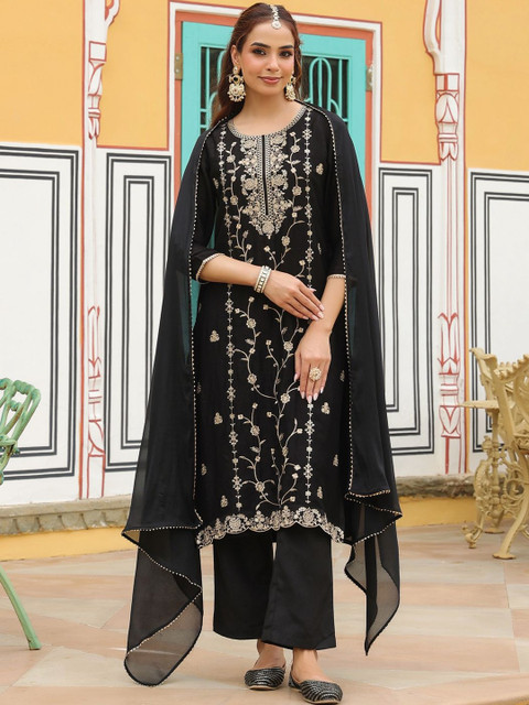 Janasya Women Floral Embroidered Sequinned Kurta with Trousers & Dupatta