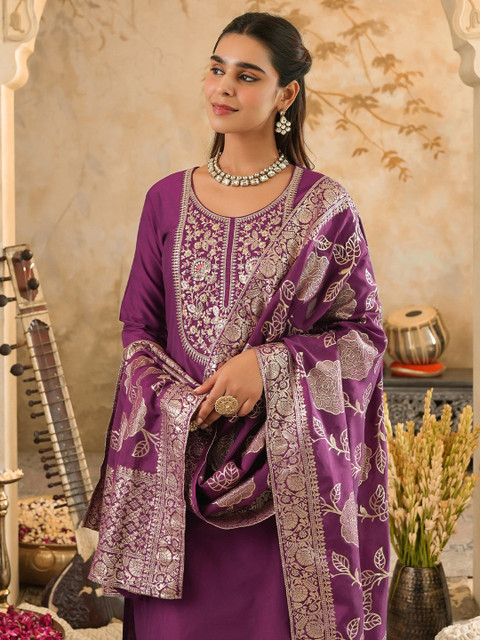 Indo Era Ethnic Motifs Embroidered Sequinned Kurta With Trousers & Dupatta