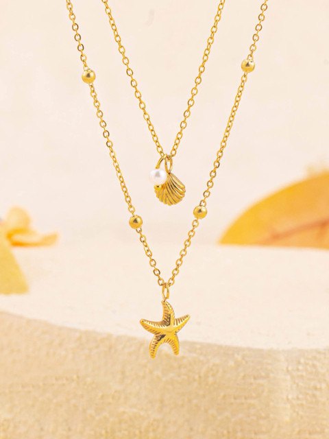 Designs & You Gold-Plated Stainless Steel Pearls Beaded Minimal Layered Necklace - Image 6