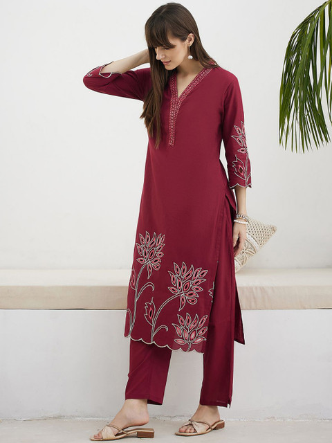 Indo Era Embroidered Pure Cotton V-Neck Tunic With Trousers Co-Ords - Image 3