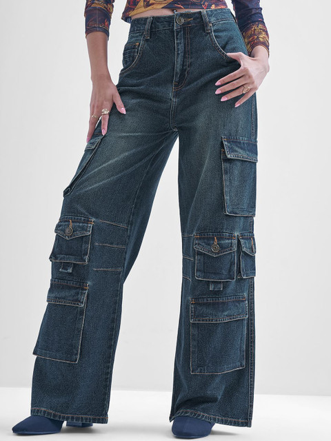 Street By Tokyo Talkies Women Flared Light Fade Cargo Styles Cotton Stretchable Jeans