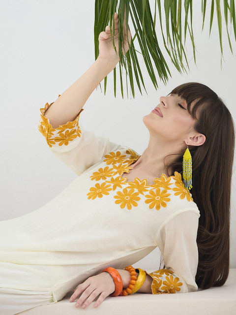 Indo Era Embroidered Pure Cotton V Neck Top With Trouser