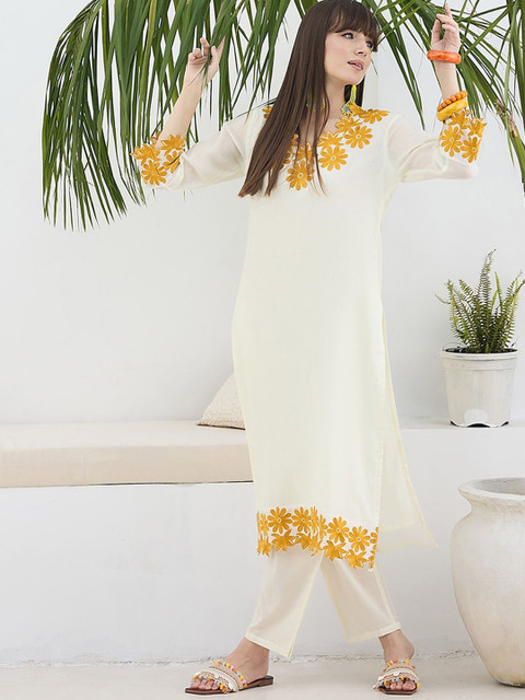 Indo Era Embroidered Pure Cotton V Neck Top With Trouser - Image 6