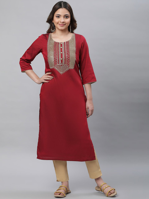 AURELIA Embroidered Round Neck Zari Straight Kurta