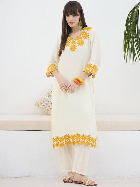 Indo Era Embroidered Pure Cotton V Neck Top With Trouser - Image 2
