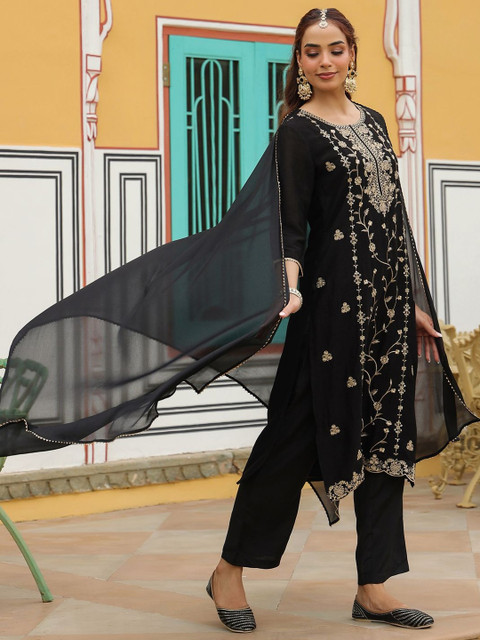 Janasya Women Floral Embroidered Sequinned Kurta with Trousers & Dupatta - Image 5