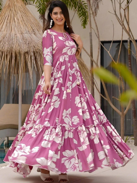 KREADAA Women Floral Printed Tie-Up Neck Pleated Detail Fit and Flare Maxi Dress