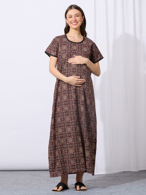 MomToBe Women Printed Maternity Maxi Nightdress