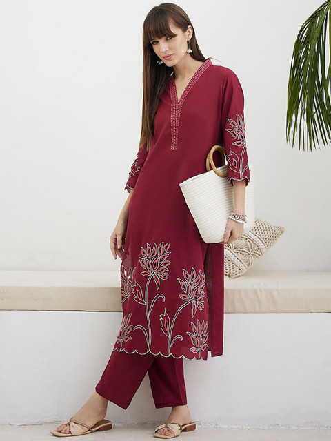 Indo Era Embroidered Pure Cotton V-Neck Tunic With Trousers Co-Ords - Image 5