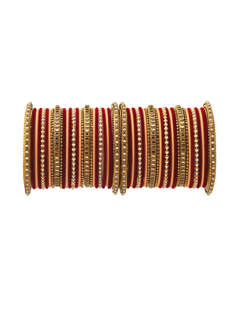 GLIKA Women 42 Pieces Of Maroon Peach & Gold-Toned Zircon Stone Studded Metal Bangles