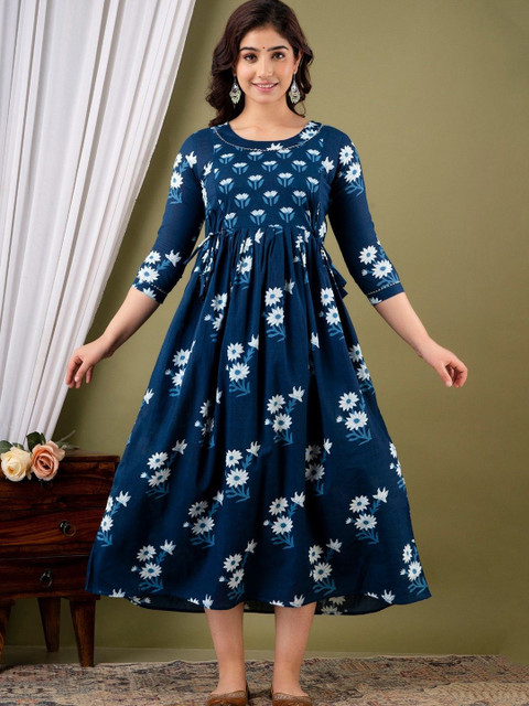 FASHION SWAG Women Floral Printed Cotton Maternity Fit & Flare Midi Dress