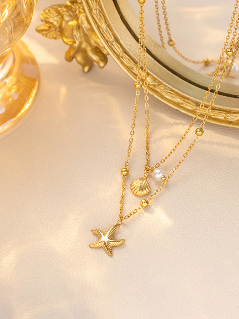 Designs & You Gold-Plated Stainless Steel Pearls Beaded Minimal Layered Necklace - Image 3