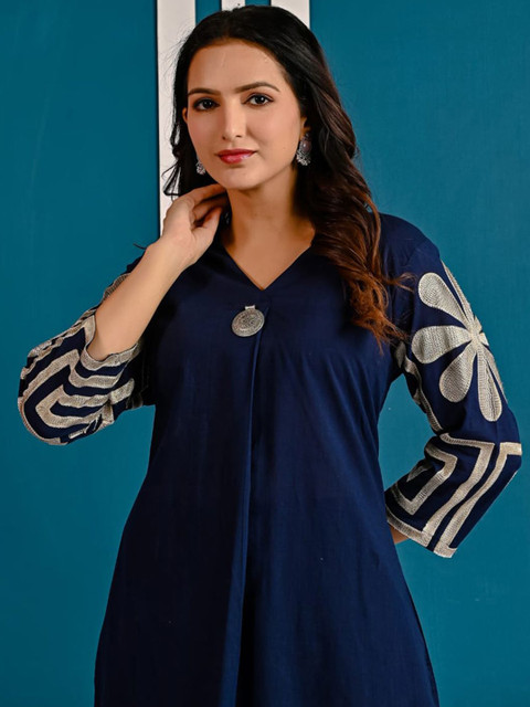 Indo Era Women Embroidered Regular Thread Work Pure Cotton A-Line Kurta with Trousers