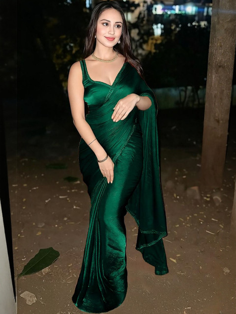 HERE&NOW Green Organza Solid Sarees