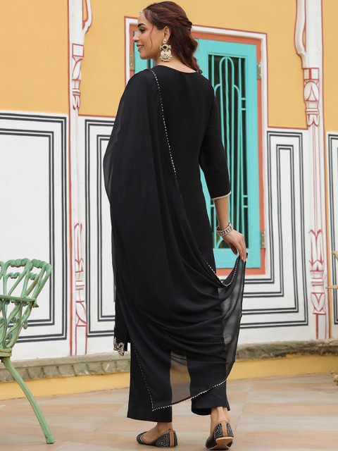 Janasya Women Floral Embroidered Sequinned Kurta with Trousers & Dupatta - Image 4