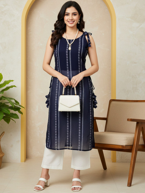 LIPS CROWN Women Striped Printed Festive Straight Kurta