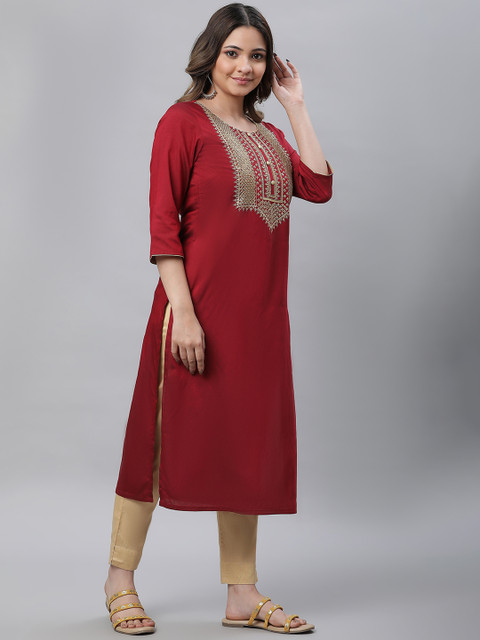 AURELIA Embroidered Round Neck Zari Straight Kurta - Image 3