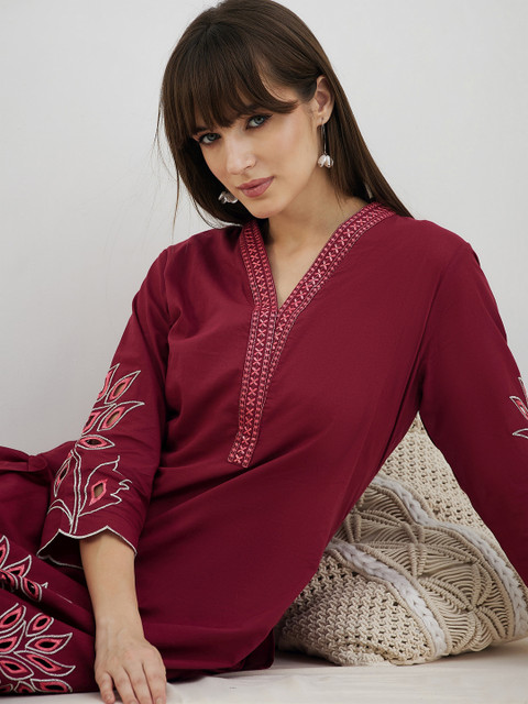 Indo Era Embroidered Pure Cotton V-Neck Tunic With Trousers Co-Ords