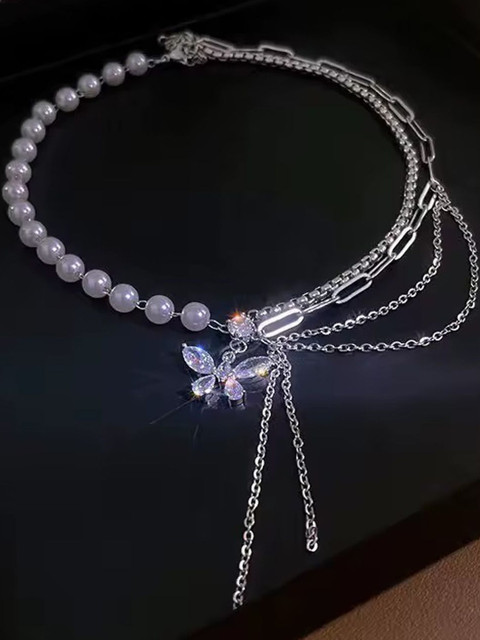 FIMBUL Silver-Plated Pearls Beaded Butterfly Layered Statement Necklace