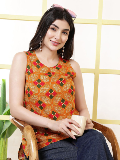 KALAMIR Ethnic Motifs Printed Round Neck Sleeveless Regular Top