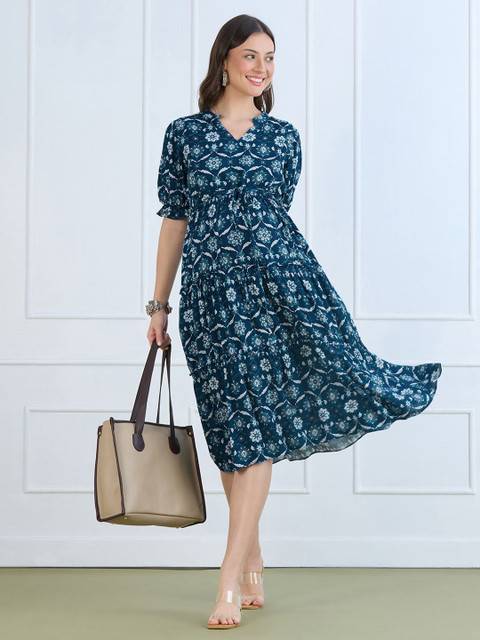 MomToBe Women Floral Print Puff Sleeve Liva Maternity Fit & Flare Midi Dress