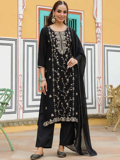 Janasya Women Floral Embroidered Sequinned Kurta with Trousers & Dupatta - Image 3