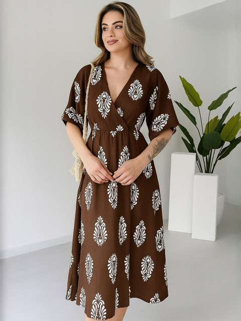 SRP Enterprises Brown Floral Print Fit & Flare Dress