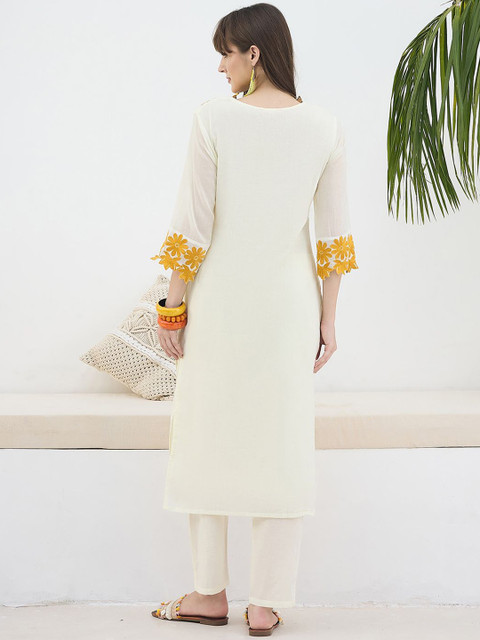 Indo Era Embroidered Pure Cotton V Neck Top With Trouser - Image 5