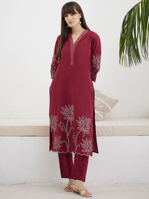Indo Era Embroidered Pure Cotton V-Neck Tunic With Trousers Co-Ords - Image 2
