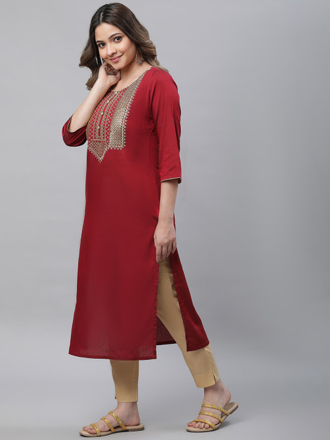 AURELIA Embroidered Round Neck Zari Straight Kurta - Image 4