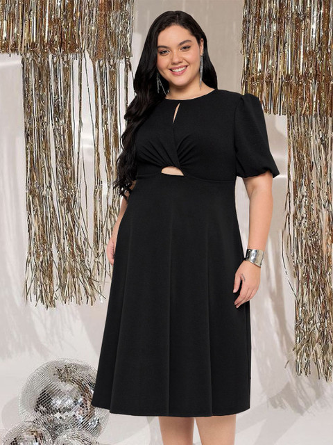 wild U Plus Size Puff Sleeves Fit & Flare Midi Dress