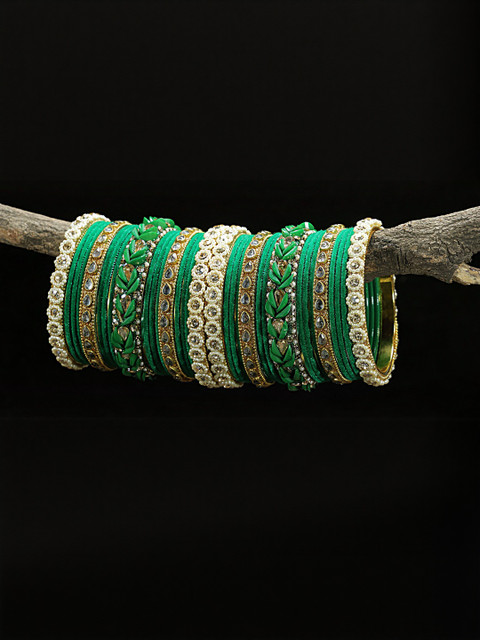 GLIKA Women Green Metal Zircon Pearls & Kundan Studded Bangles