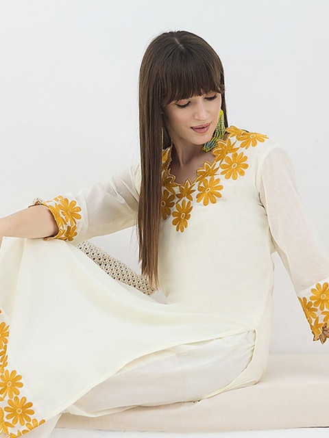 Indo Era Embroidered Pure Cotton V Neck Top With Trouser - Image 7