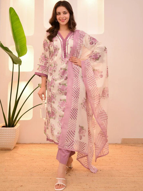 HERE&NOW Women Lavender Printed Pure Cotton Kurta Sets