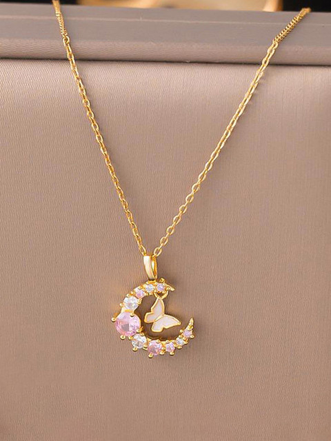 Jewels Galaxy Stainless Steel Gold-Plated Stones Studded Butterfly Pendant With Chain