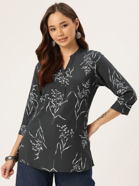 AMUKTI Mandarin Collar Floral Printed Tunic