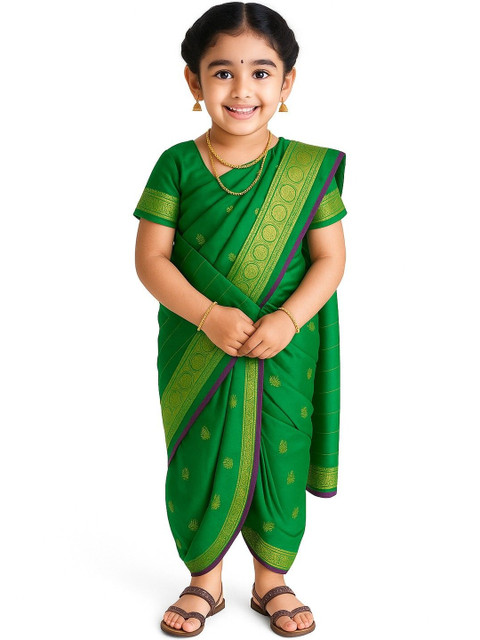 My Lil Princess Green Poly Silk Solid Sarees