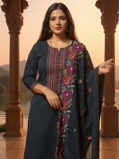 Indo Era Floral Embroidered Thread Work Pure Cotton Kurta With Trousers & Dupatta