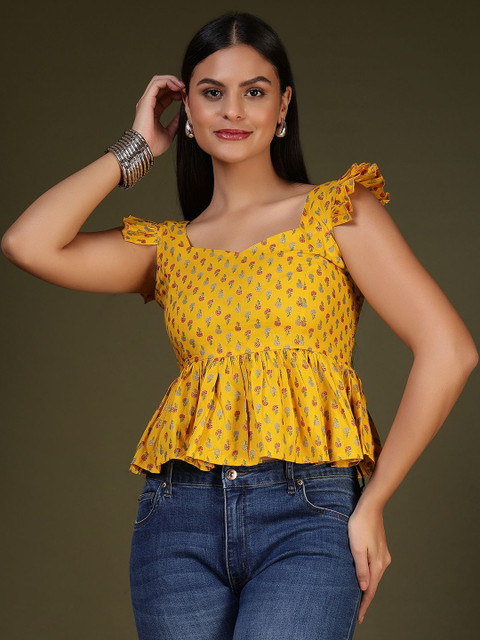 Yellow Ethnic Motifs Sweetheart Neck Top