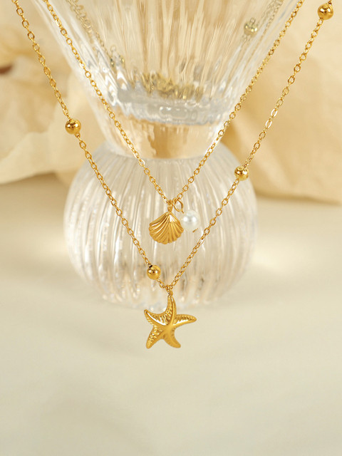 Designs & You Gold-Plated Stainless Steel Pearls Beaded Minimal Layered Necklace - Image 4